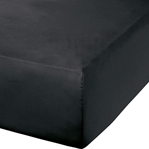 Erwin Müller Spannbettlaken Mako-Satin, Spannbetttuch Landshut - seidig weich, temperaturausgleichend, mit Rundumgummi - schwarz Größe 140x200 cm