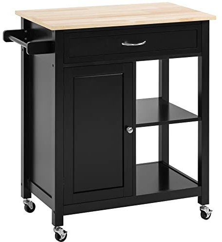 HOMCOM Küchenwagen aus Holz mit Schublade, Schrank und Regalen, Lebensmittelwagen mit Rädern, 83x45x88cm, Schwarz