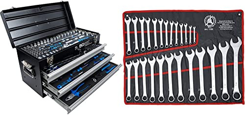 BGS 3318 | Metall-Werkzeugkoffer | mit 143 Werkzeugen | 3 Schubladen & BGS Do it yourself 1198 | Maul-Ringschlüssel-Satz | 25-tlg. | SW 6 - 32 mm | inkl. Tetron-Rolltasche | Gabelringschlüssel