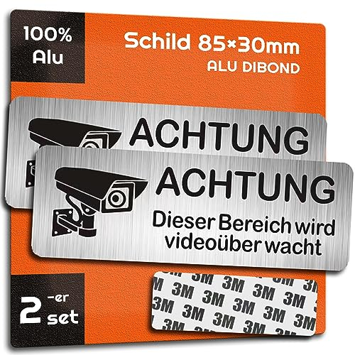 AIFIZO Videoüberwachung Schild 2 Stück 85mm×30mm mit 3M Tape, Gebürsteter Aluminium Achtung Videoüberwachung Schild, Achtung Privatgrundstück, Selbstklebend & Aluminium, Einheitsgröße