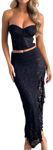 MAHUAOYIXI 2 Pezzi Completo Elegante Donna Tuta Aderente Trasparente Sexy Top Senza Maniche Corsetto Senza Spalline in Pizzo Ricamo Floreale Corto Top + Gonna con Spacchi Lungo Sexy (Nero A, S)