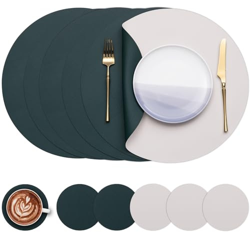 Myir JUN Tischsets 6er Set, Tischsets Abwaschbar Platzsets Rund Ø 38cm Platzdeckchen Rund Doppelseitigen rutschfest Platzsets Kunstleder Leder Tischset Lederoptik (Beige Grün, 6er Set)
