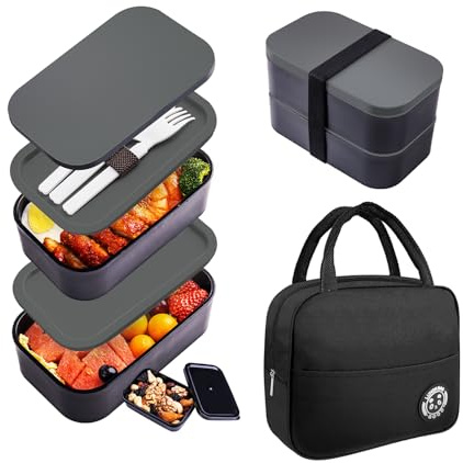 Uybieef Bento Box Adult Lunch Box with lunch bag,Japanese Lunch Box Containers for Adult,Bento lunch Box with Leakproof 54OZ Black (black lid