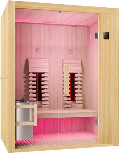 SANOTECHNIK Infrarotkabine ALASKA – Infrarotsauna 2 Personen 160×110×200cm | 2 Vollspektrum-Strahler + Harvia Saunaofen 3,5kW, LED-Farblicht, ESG-Glas – Art.Nr.: K60160
