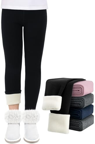 Monbessi Flickor fleecefodrade leggings 5-13 år termiska leggings barn termiska byxor bomull vinter 1-pack, Svart, XS