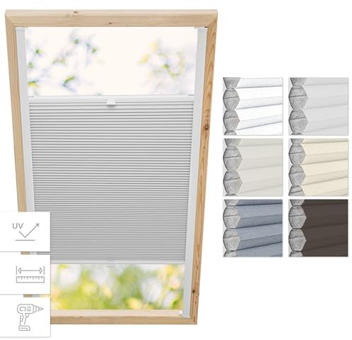 Estika Wabenplissee mit Bohren für Velux Fenster - MK06 - Stoff: Hellgrau-Weiß, Profil: Weiß - Dachfenster plissee, Fensterrollo innen, Fenster plissee, Dachfenster Rollo