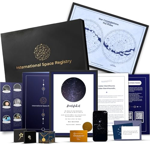 Galaxieregister® Premium Sterntaufe Geschenkbox - Persönliches Geschenk mit Echtem Meteorit und Vergoldeter Kette- Ideal für Geburtstag, Hochzeit, Valentinstag & Besondere Anlässe (Sehr heller Stern)