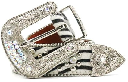 AGUTALITHIC Damen Männer Mode Strass Gürtel, Schwarz/Weiß Gestreift Gürtel Taillengürtel Mit Glänzender Rundnieten Metall Bling Nietengürtel Für Jeanshosen(120cm/47, White)