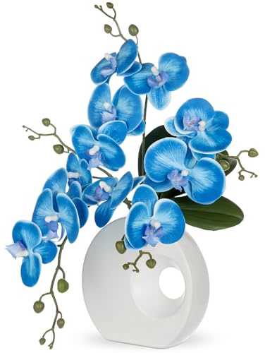 Briful Blaue Orchideen, künstliche Blumen, künstliche Orchideen mit Vase, fühlen sich echt an, für Zuhause, Büro, Hochzeit, Party, Tischdekoration