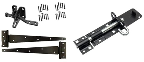 Merriway BH07087 Heavy Duty Wooden Garden Gate Hanging Kit, 2 x 12 inch Black Tee Hinges, Black Auto Close Latch & All Fixings & BH01738 Type 2A Heavy Duty Brenton Bolt Padbolt, 150mm -Black Pad