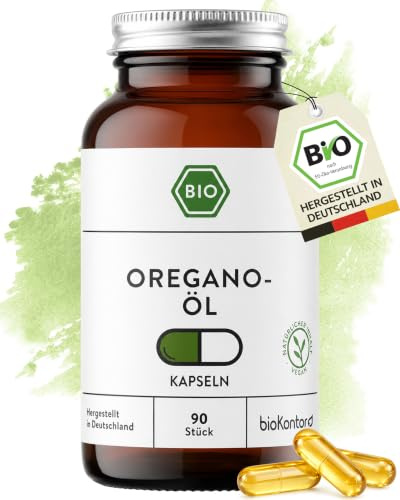 bioKontor – BIO Oregano Öl Kapseln 90 Stück – 1000mg Tagesdosis – vegan | 3-Monats-Vorrat – 91 mg Carvacrol, 3,9mg Thymol pro Kapsel – deutsche Herstellung – Magensaftresistente Kapseln