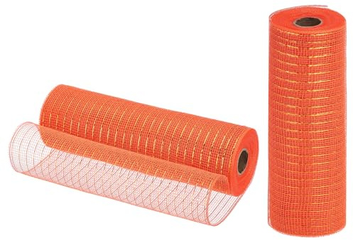 sourcing map 2 Rolls Burlap Mesh 10 Inch x 30 Feet PP Decorative Mesh Ribbon Mesh Wrapping Ribbon for Christmas Wreath Party Decoration DIY Crafts Swags (Orange with Orange Foil)