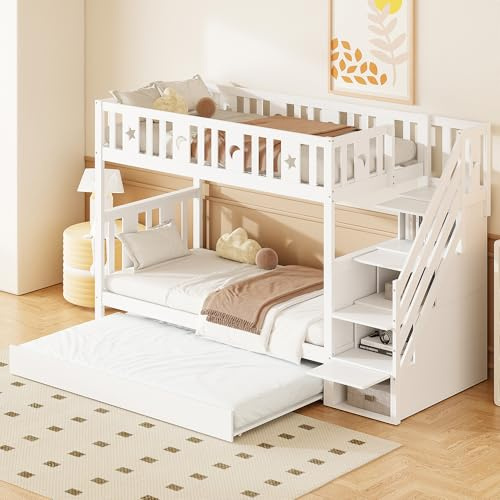 Soweiz Kinderbett 90x200/90x200 cm, Massivholz-Etagenbett mit Sicherheitstreppe, Stauraumtreppe, Zwei großen Schubladen und Lattenrost (Weiß, 90x200/90x190cm)