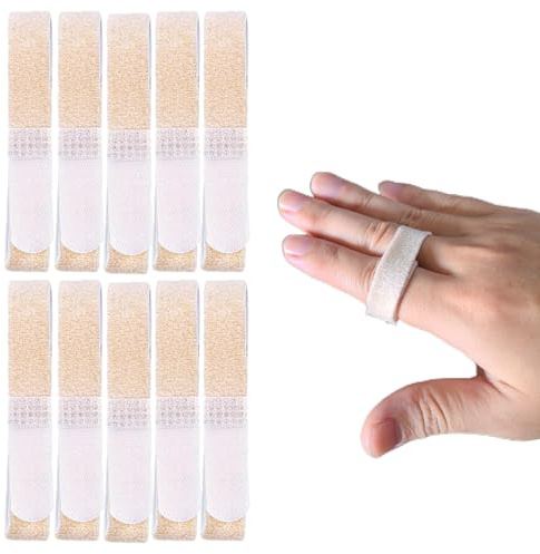Kris-kikomy 10 Pack Buddy Tape Finger Straps With Padded No-Slip Hook and Loop Are A Washable and Reusable Finger Splint Solution To Support Injured Fingers (Beige)