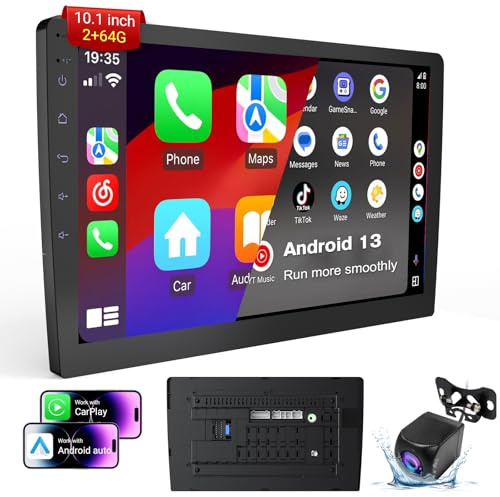 Haudio Double Din Android 13 Car Stereo Receiver - 10.1 Universal HD Touchscreen w/64GB, Built-in GPS & Backup Camera, Bluetooth 4.1, Supports CarPlay/MirrorLink (1990-2023 Vehicles)