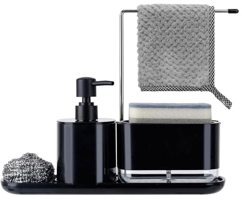 TOTSUN Sink Organiser, Kitchen Dishwashing Liquid Dispenser Set, Soap Dispenser Set, 3 in 1 Soap Dispenser Kitchen Sponge Holder, Sink Organiser for Kitchen Sink Black