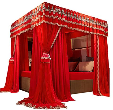 ILNCQLPM Bettzelt, rotes Bettdach, Moskitonetz für Zwilling, Königin, König, Prinzessinnenzimmer, Hochzeitszimmer, bestickter Bettvorhang, Festliche Schlafzimmerdekoration, Metallständer (Farbe: Rot,