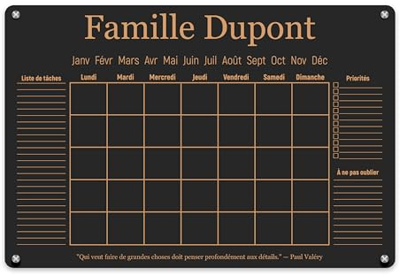 LAUBLUST Calendrier Mural en Acrylique Personnalisé - A2, A3, A4 - Noir | Planificateur Familial avec Nom et Texte - Hebdomadaire et Mensuel | Annuel Effaçable