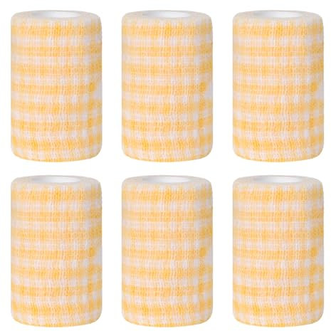 Bendaggio Autoadesivo per Animali, 6 Rotoli di Benda Elastica Coesiva, Fasciatura per Cani, Gatti, Cavalli, Senza Residui, Non Adesiva, Ideale per Ferite (7.5CM*400CM, Stile a quadri gialli)