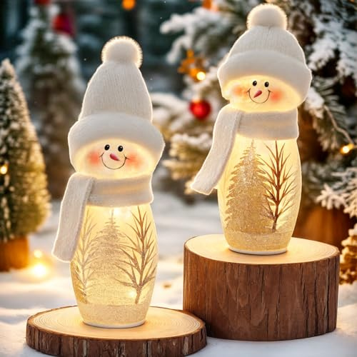 Lewondr 2PCS Weihnachtliche Tischdekorationen, 9,45 Beleuchtete Schneemann Figuren, Weihnachts Crackle Glas Schneemänner Mit Gestrickten Schals & Mützen Für Esstisch Kamin Bücherregal Wohnzimmer