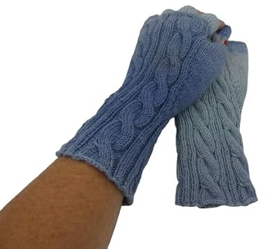 1Paar Handgestrickte Stulpen, Halbfingerhandschuhe, im blauen Farbverlauf, mit Kaschmir und Zopfmuster, Angelika Patschi