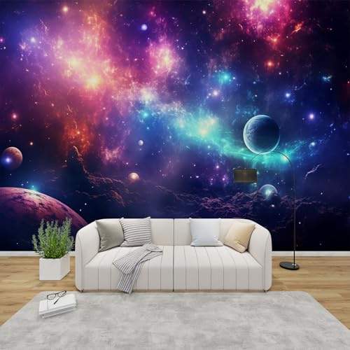 QEODAH 3D Tapete Galaxie Schlafzimmer, Fototapete Universum Weltraum, Vliestapete Rot Blau, Tapeten Wohnzimmer, Kinder Planeten Wand Deko Kinderzimmer, Wandtapete, Mustertapete Vlies 350x256 cm
