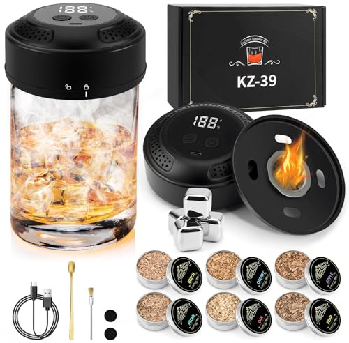 Electric Whiskey Smoker Kit,Rechargeable Cocktail Smoking Set with 6 Wood Chips, 5 Different Color Light Adjustments, No Need for Butane Whiskey Gift Sets,Mens Birthday and Christmas Cool Gifts