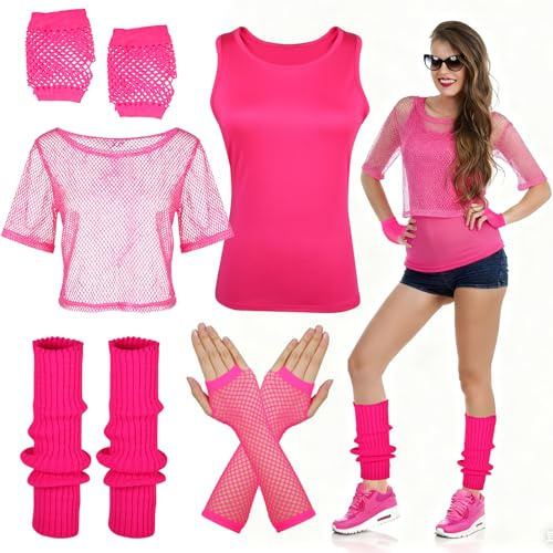 80er 90er Jahre Outfit Damen Set,M Neon Kostüm Damen,80er Jahre Kleidung