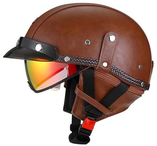 Casco Moto retrò Vintage Pelle Casco Cromwell Scodella Semi Integrale Caschi jet e demi-jet in ABS Certificato ECEDOT per Motocicletta Scooter e Bici Elettrica per Uomo e Donna M,M=57~58cm