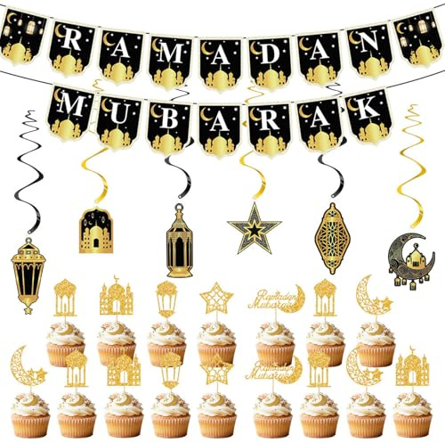 GWAWG Ramadan Deko Set, Ramadan Mubarak Banner & 6 Hängedeko + 24 Cupcake Topper, Ramadan Girlande Schwarz Gold, Ramadan Dekoration Laterne für Zuhause, Ramadan Kareem Dekoration Fest Deko