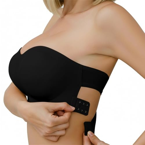 Zidoley Strapless Bras for Women, Cross Back Seamless Bra, Side-Clasp Non Wired Bra, Non-Slip Bandeau Bra, Black Bralettes for Women (L)