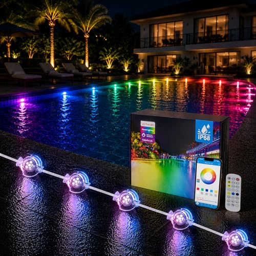 Soiarllt Lumière Piscine RGBIC 35 m 24-en-1, Contrôle App + Télécommande, Lampe Piscine 24V IP68 Étanche, Effets Dynamiques & Mode Musique, Installation Sans Travaux pour Piscine Enterrée et Hors Sol