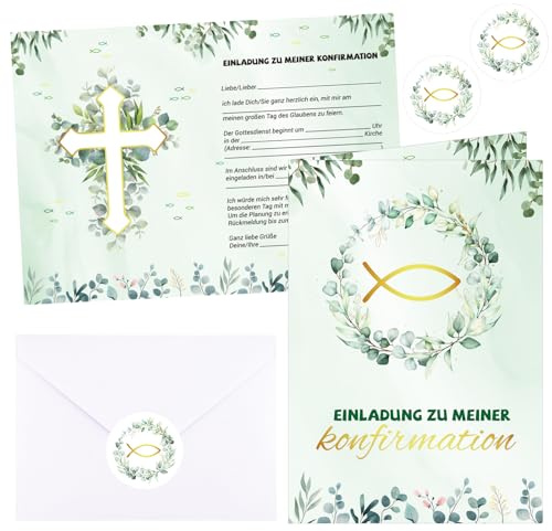 12x Einladungskarten Konfirmation, Konfirmationskarten mit Umschlägen und Aufkleber, Einladung Konfirmation für Junge Mädchen mit Fisch Kreuz Eukalyptus, Doppelseitig Bedruckt Klappkarten