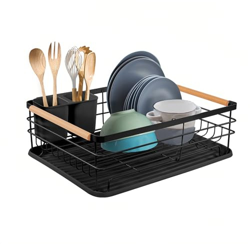 ARATERVIO Premium Abtropfgestell für Geschirr mit Besteckhalter - 42x32.5x14 cm Edelstahl Geschirrkorb mit Abnehmbarer Kunststoff-Abtropfschale - Rostfrei & Platzsparend für Küchenspüle (Schwarz)