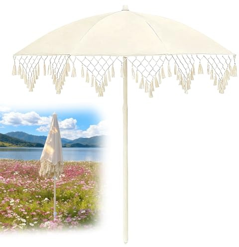 YAVYAV Parasol De Jardin Bohème 1.80m, Parasol En Macramé Et Franges Pour Terrasse Extérieur, Imperméable, Coupe-Vent, Anti-UV, Léger Et Amovible, Pour Plage Piscine Balcon