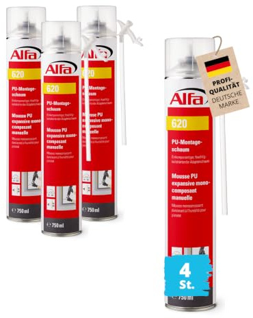 4x Alfa Adapterschaum 0,75 l – Montageschaum zum Abdichten & Isolieren (3l) | Profi-Qualität - Einkomponentiger Bauschaum inkl. Röhrchen zur Montage von Fenstern & Fugen – feuchtigkeitshärtend