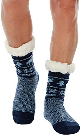 WYTartist Hommes Chaussettes Slipper Noël Avec Doublure en Polaire Douce Antidérapantes Cerf De Neige Chaud Confortable Fuzzy Doublé Doublure Polaire Doublures D'hiver Slipper, Bleu, Taille unique