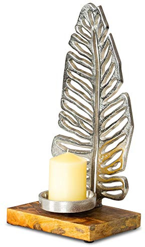 levandeo Kerzenständer H35cm Mango Holz Kerzenhalter Blatt Metall Silber Tischdekoration Kerzenleuchter Deko