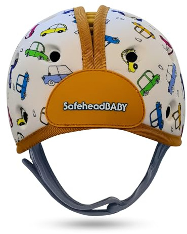 SafeheadBABY Weicher Baby-Kopfschutzhelm für Krabbeln und Laufen 7–24 Monate, Ultraleicht & Atmungsaktiv, Sicherheitshelm für Babys, Mitwachsend (Kopfumfang 40–52 cm) Autos Orange