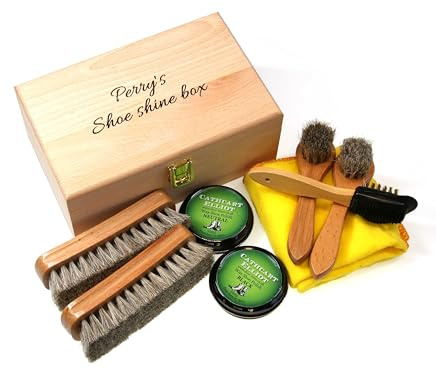 Cathcart Elliot Personalised premium wax shoe cleaning kit in beech wood valet box