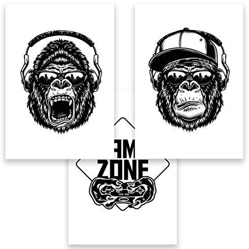 Klasse Gamer Affe Gorilla Bilder DIN A4 3er Set Monkey Dekobilder Wandbilder Skizze Poster Malerei Wohnzimmer Jugendzimmer Junge Bilderset Dekoration (ohne Rahmen)