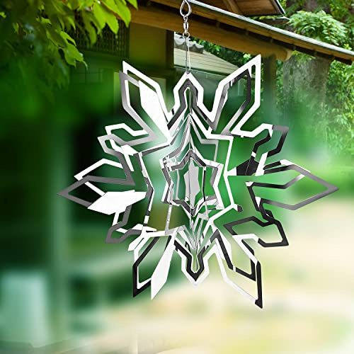Windspiel für den Außenbereich, Metalldekorationen, 30.5 cm, silberfarbene Windspiele für Hof und Garten, 3D-Spiegel, Edelstahl, Gartendekoration, lohnt sich als Geschenk (Schneeflocke)