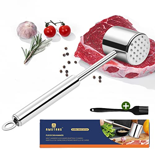 AMOTANG Premium Fleischklopfer Edelstahl spülmaschinenfest 26,5 cm, Schnitzelklopfer Edelstahl, doppelseitiger Fleischhammer aus 304 Edelstahl für Schnitzel Steaks, inkl. gratis Silikon-Backpinsel
