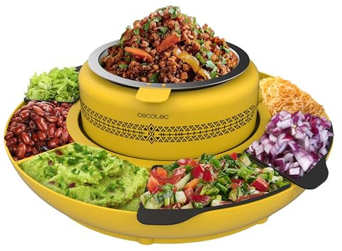 Cecotec Máquina para Calentar los Ingredientes de Tacos Taco Maker Fun Taco Andale. 40W, Compartimento Central de 600ml, Diseño Atractivo Para Niños, 4 Compartimientos y 4 Moldes de Silicona