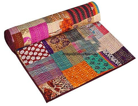 Couvre-lit indien patchwork Kantha fait à la main en soie Patola Kantha, couvre-lit réversible vintage cousu à la main, couverture de plage décorative (Multi, grand lit, 229 x 274 cm)
