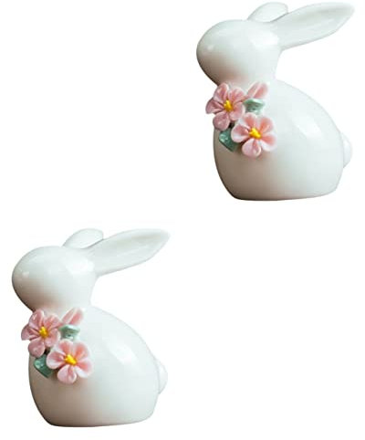 Garneck 2stücke Porzellan Kaninchenfigur Mit Blume Handgefertigte Keramik Deko Für Zuhause Kinderzimmer Garten Charmante Osterdekoration Geschenkidee Für Freunde Und Familie