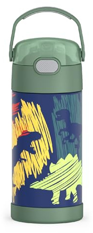 THERMOS FUNTAINER Water Bottle with Straw - 12 Ounce, Dinosaurs - Kids Stainless Steel Vacuum Insulated Water Bottle with Lid
