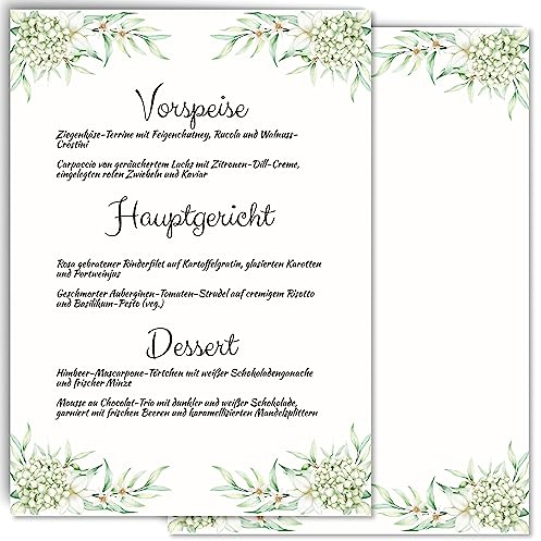 Menükarten Blanko Menü individuell bedruckbar - Individuell anpassbare Speisekarte und Getränkekarte für Hochzeiten und andere Anlässe Boho-Design Hortensie