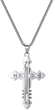 Epinki Edelstahl Kettenanhänger Herren, Anhänger Poliert Geometrisch Kreuz Erbskette, Silber Herrenkette Halskette 55CM