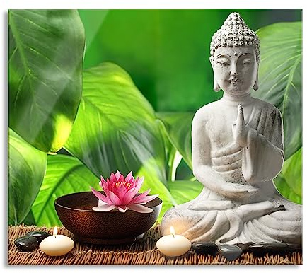 Seerose Buddha Statue Herdabdeckplatte & Spritzschutz aus Echtglas | Für Herd-Kochfelder | 60x52 cm